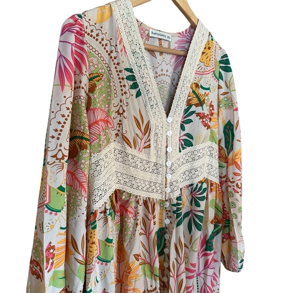 Rusttydustty Lace Trim Floral V Neck Maxi Dress 0X - Picture 3 of 14